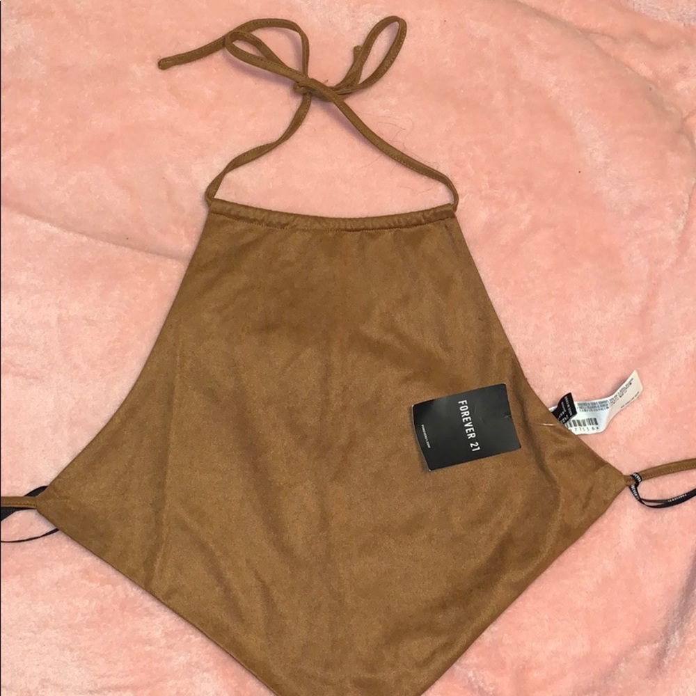 brown faux suede tie back top